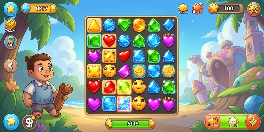 Tampilan seru gameplay dalam API77 dengan objek match-3 yang berwarna-warni.
