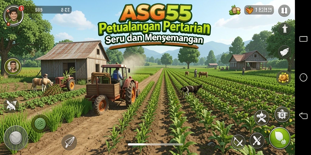 Tampilan gameplay <strong>ASG55</strong> dengan ladang yang subur dan hewan ternak yang cantik.