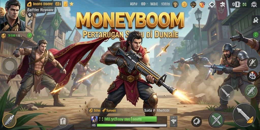 Screenshot utama MONEYBOOM menampilkan pertarungan seru di arena Battle Royale.