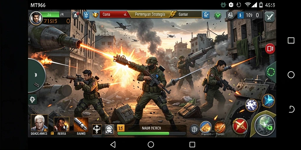 Tangkapan layar gameplay MT966 menampilkan pertempuran intens di medan perang.