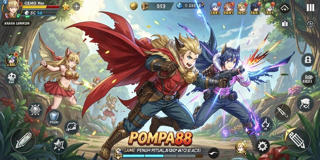 Screenshot gameplay POMPA88 yang menunjukkan aksi karakter dalam pertarungan anime.