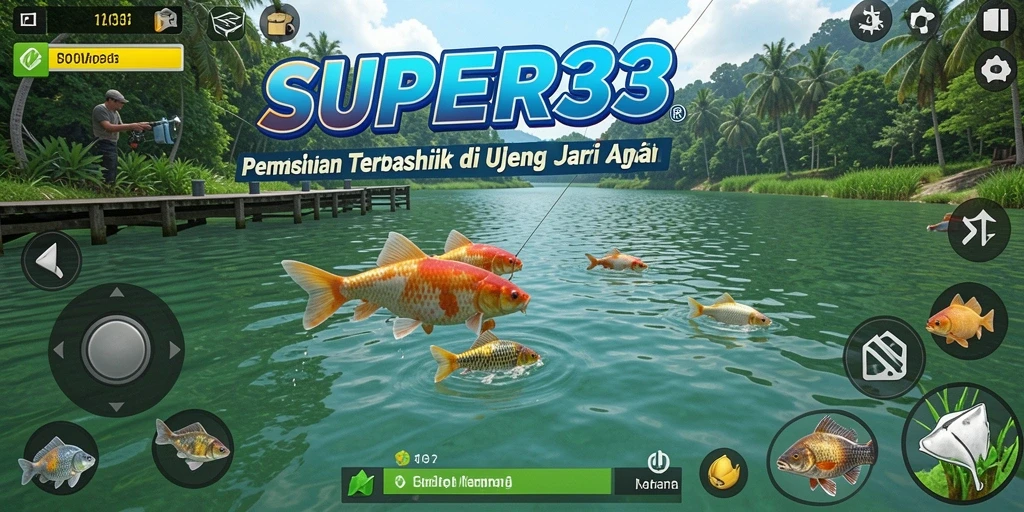 Tampilan gameplay SUPER33 dengan pemancing dan ikan yang beragam.